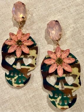 Camo/Pink Floral Skull Drop Earrings - Women Jewelry *New Never Worn